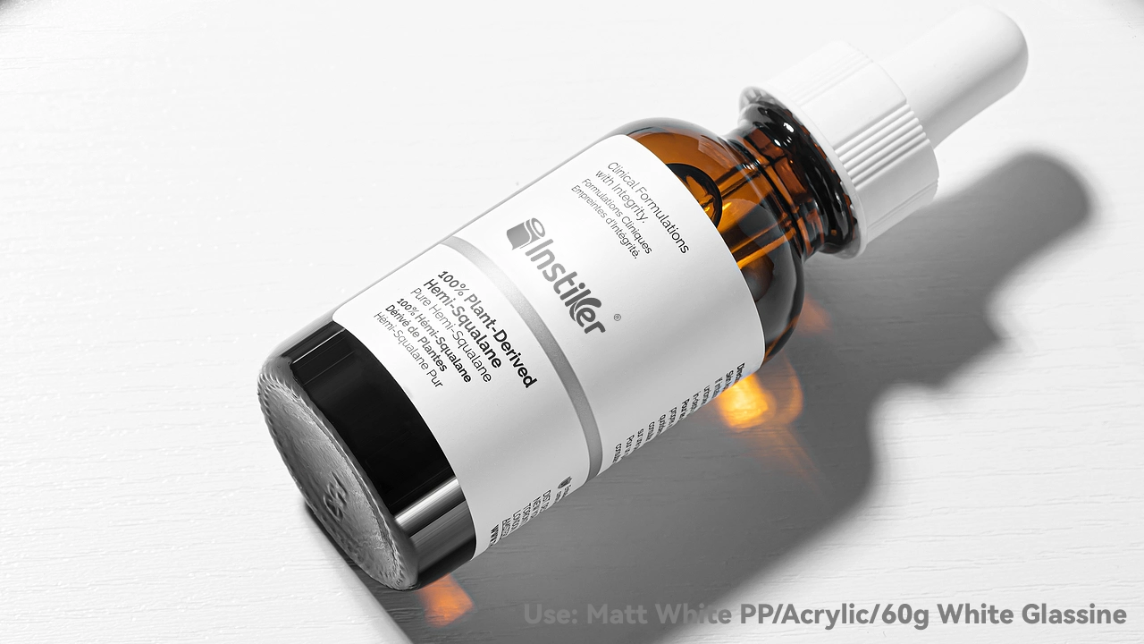 Self-adhesive label on cosmetic packaging